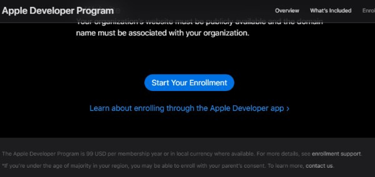 Schermafbeelding van de Apple website waar je je aan kunt melden voor het Apple Developer Program