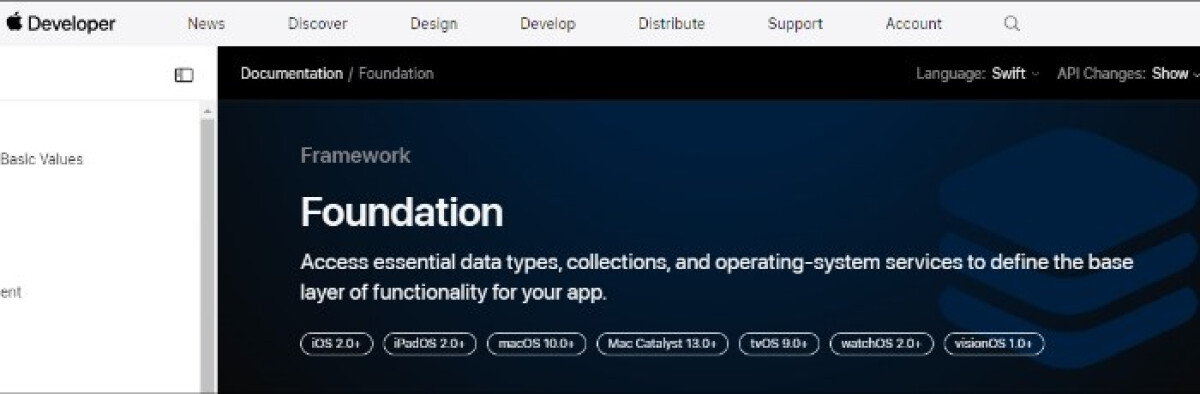 Schermafbeelding van Foundation Framework pagina op de website van Apple.com