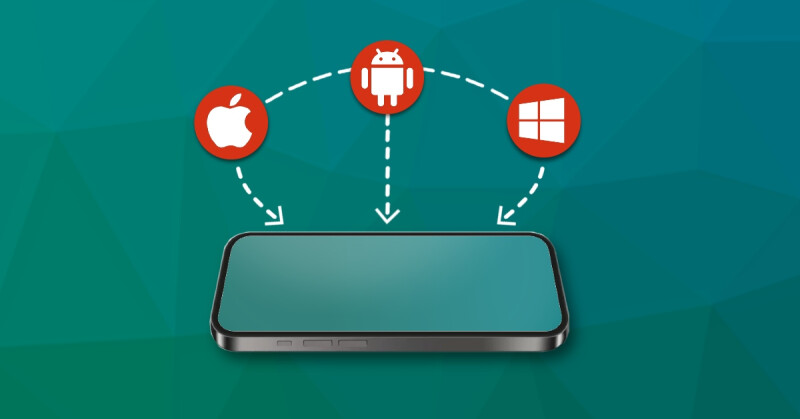 Liggende smartphone met daarboven 3 ronde iconen van iOS, Android en Windows Phone