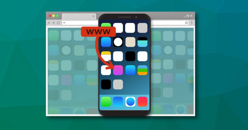 Smartphone met app iconen en in de achtergrond een browser venster met app iconen