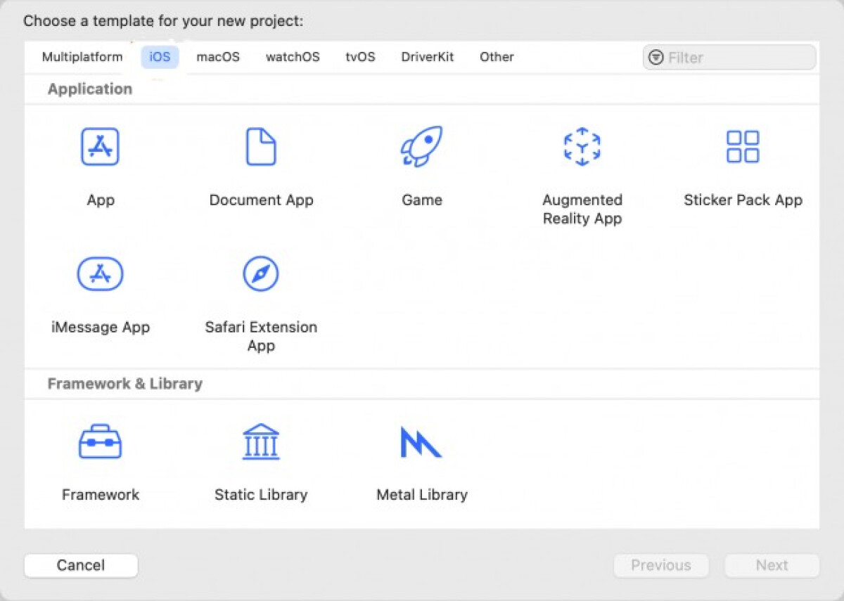 Schermafbeelding van Xcode waarin gevraagd wordt om een template voor een project te kiezen
